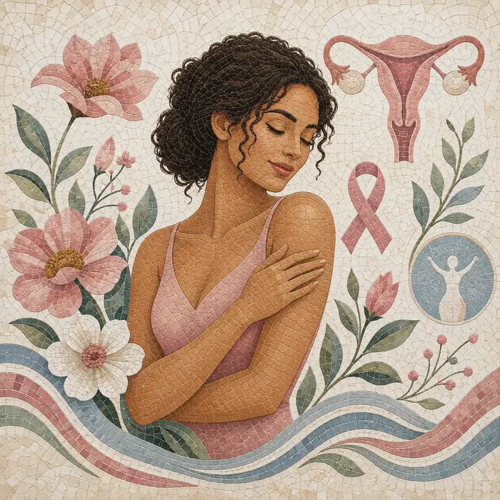Ilustração de uma mulher em um gesto de autocuidado, cercada por elementos que representam a saúde da mulher
