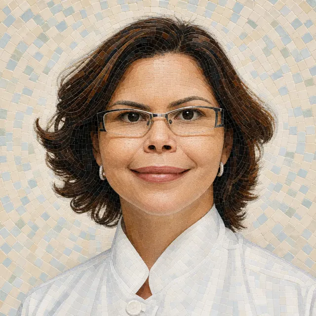 Retrato em mosaico de pastilhas da Dra. Mariana Eloy, inspirado nos painéis da Fonte dos Milagres de Candeias